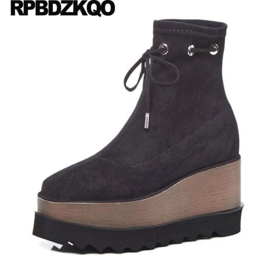 Black Wedge Shoes Platform Square Toe Flatform Women Boots Winter 2021 Muffin Stretch Fur High Heel Flat Elevator Harajuku Ankle