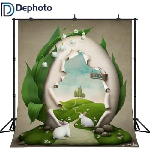 Dephoto Photography Backdrops Spring Easter Bunny Eggs House Rabbits Flowers Grass tree Field Sky Fairy Tale Photo Background