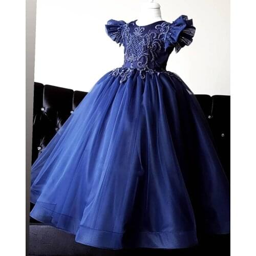 Custom Blue Long Girls Dresses Beaded Lace O Neck Cap Sleeve Flower Girl Dress for Wedding Kids Pageant Gown