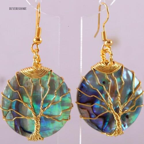 Tree of Life -Gold Wire Wrap Women Jewelry Natural Blue New Zealand Abalone Shell Dangle Earrings 1Pair
