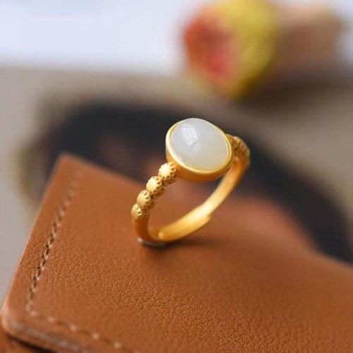 S925 Sterling Silver Natural Hetian Jade Egg Surface Ring Hollow Carved Embellishment Elegant High-End Stylish Opening Ring Wom