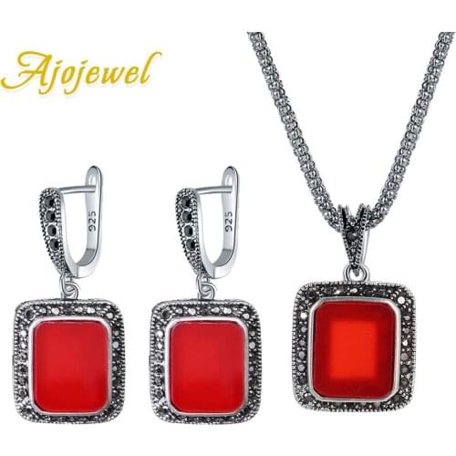 Ajojewel Black CZ Square Stone Pendant Necklace and Earrings Vintage Jewelry Sets For Women 2019 Bijoux Femme