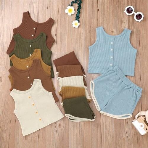 2Pcs Little Girls Boys Outfits Summer Toddlers Solid Color Ribbed Cotton Casual Sleeveless Vest+Color Matching Edge Shorts Set