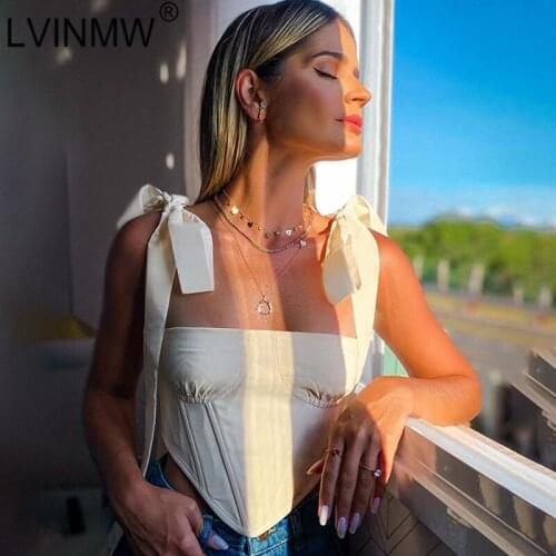 LVINMW Slash Neck Backless Bnadage Bow Solid Skinny Crop Top Lace Up Sleeveless Slim Fashion Sexy Tank Tops Women Club Party