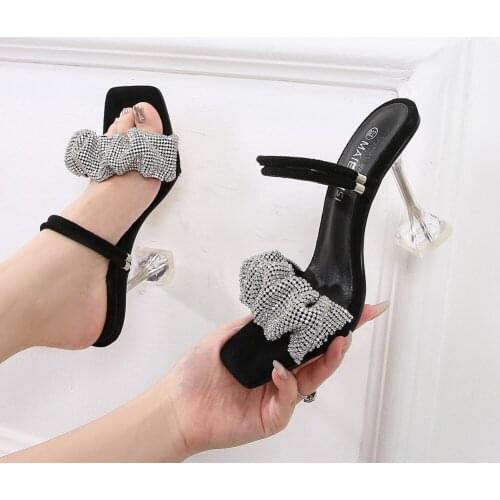 MHYONS Large Size 45 46 Summer Women Pumps Rhinestone High Heels Open Toe Stiletto Slippers Girls Crystal Sandals Black Red