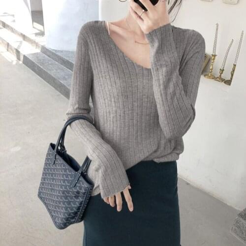 Fashion Soft V-neck Anti-stretch Elastic Sweater Women Pullover Solid Color Knitted Long Sleeved Top