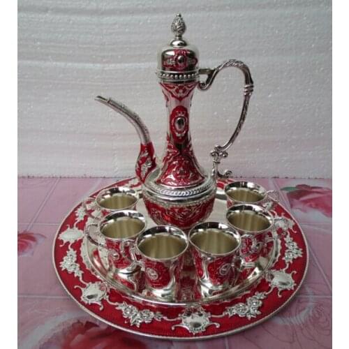 Sets Handwork silver hand-carved Carving 1Tea Pot & 6 Wine Cup 1 Plate big Wine Pot flgon Decoration real Tibetan Silver Brass