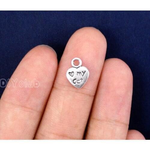 150pcs-Heart Charms, Antique Silver My Cat Charms Pendant 12x9mm