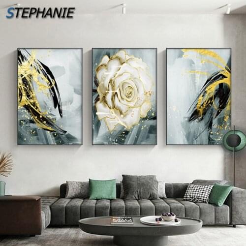 Scandinavian Flower Poster White Rose Canvas Print Modern Golden Green Painting Wall Art Picture for Living Room Interior Decor