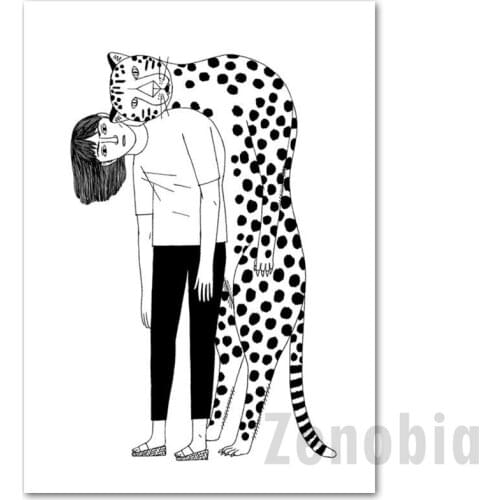 Leopard Girl Nordic Poster Wall Art Canvas Painting Black White Posters And Prints Wall Pictures For Living Room Decor
