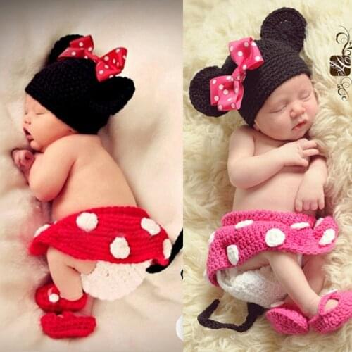 Newborn Photography Props Accessories Handmade Knitted Baby Clothing Crochet Mickey Minnie Hat Set Holiday Gift