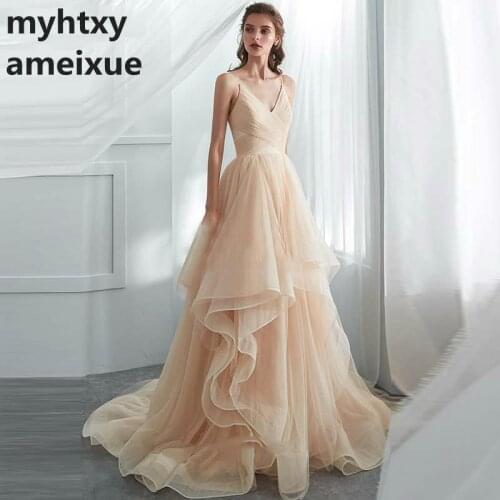 Romantic Spaghetti Straps Champagne Puffy Long Ruffled Soft Tulle Ball Gown Wedding Dress 2020 Bridal Dresses Vestido De Noiva