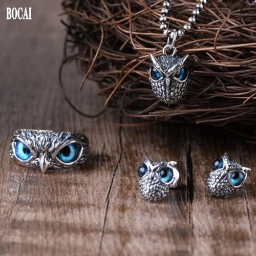 S925 Silver Jewelry Vintage Earrings/Pendants/Rings Set for Man Personalized Design Owls Man and Woman Rings