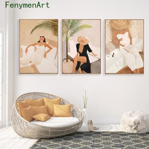 Modern Fashion Woman Poster Print Nordic Sexy Girl Canvas Painting Black Cat Leaves Wall Art Pictures Living Room Home Decor