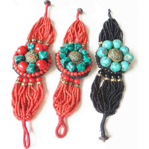 Tibetan Ethnic Fashion Bracelet- Simulated Turquoises Nugget Beaded Bracelets Multi Colors BB-153