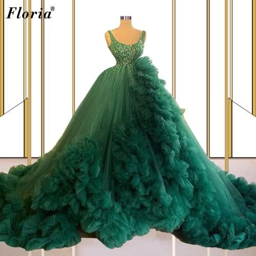 Gorgeous Dark Green Evening Dresses Beads Puffy Evening Gowns Sleeveless Celebrity Dresses Grand Party Dresses Vestidos Formales