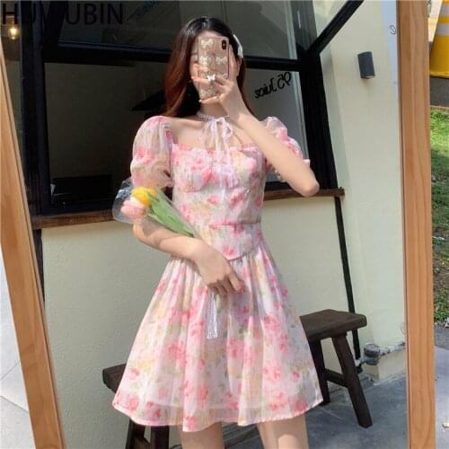 Summer 2021 New Korean Womens Unique Square Neck Bubble Sleeve Skirt Fashionable Elegant Floral Avant Garde Dress