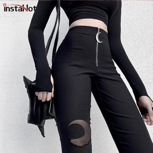 InstaHot Black Moon Zipper Slim Skinny Pencil Legging Women Gothic Punk Pants Ladies Trouser Autumn Embroidery Streetwear pants