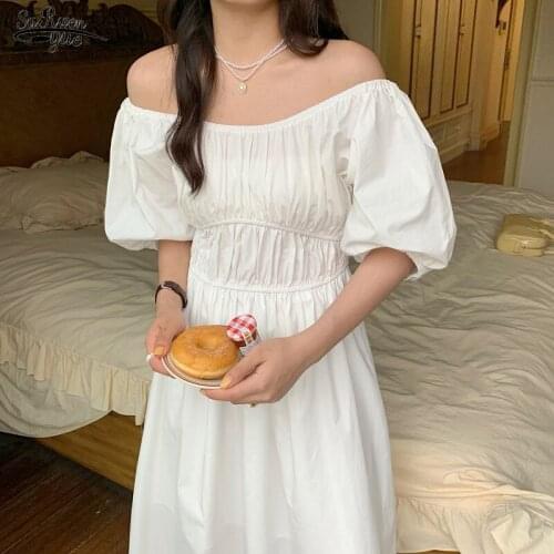2021 Summer French Elastic Waist Elegant Party Dress Women Clothing Casual Vintate Puff Sleeve White Maxi Dress Robe Femme 15089