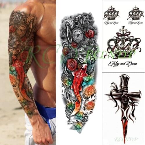 Waterproof Temporary Tattoo Stickers Carp Flower Wave Cross Crown Star Clock Fake Tatto Back Flash Tatoo for Men Women 3 Pcs