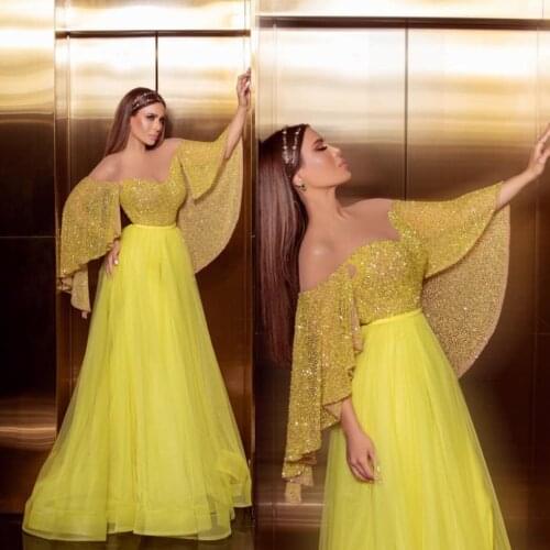 Sparkly Yellow Tulle Prom Dresses With Wrap Sleeve Beading Sequins Off The Shoulder Evening Dress Formal Party Wear Reception