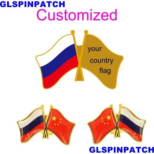 Russia Crossed Friendship Flag Double Country lapel pin Brooch USA UK France Chile Russia Saudi Arabia Japan Spain Badge
