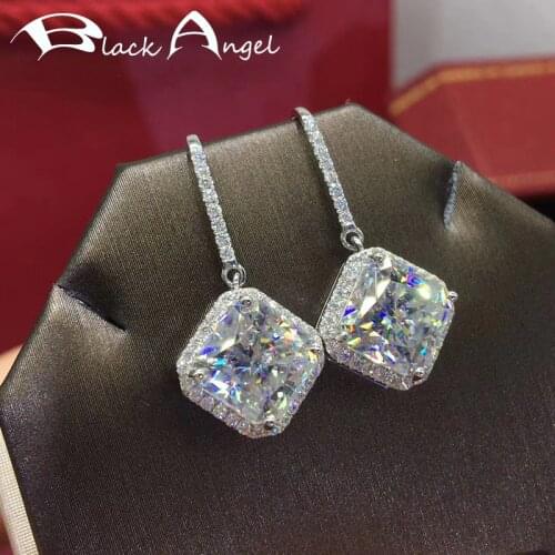 BLACK ANGEL Bling Shiny Princess Square Zircon Luxury Gemstone 925 Sterling Silver Drop Earrings For Women Wedding Jewelry Gift