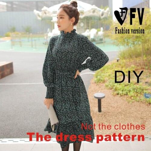 Long skirt pattern womens stand-up collar lantern sleeve dress pattern clothing cutting design drawings BLQ-302