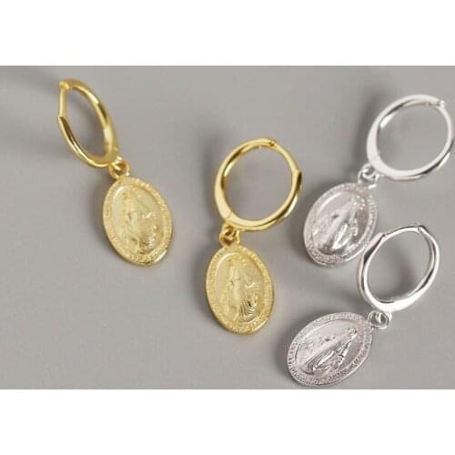 WTLTC 925 Sterling Sliver Virgin Mary Hoop Earrings for Women Drop Oval Disc Hoops Earrings Small Coin Charm Earrings Hoops