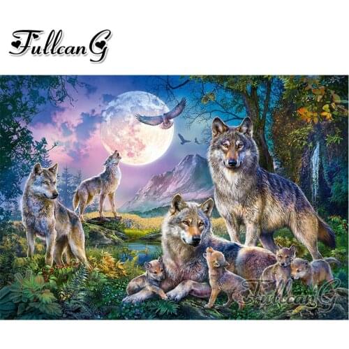 FULLCANG Moon wolf family diy full square round drill diamond painting 5d mosaic embroidery sale animals home decoration FC3242