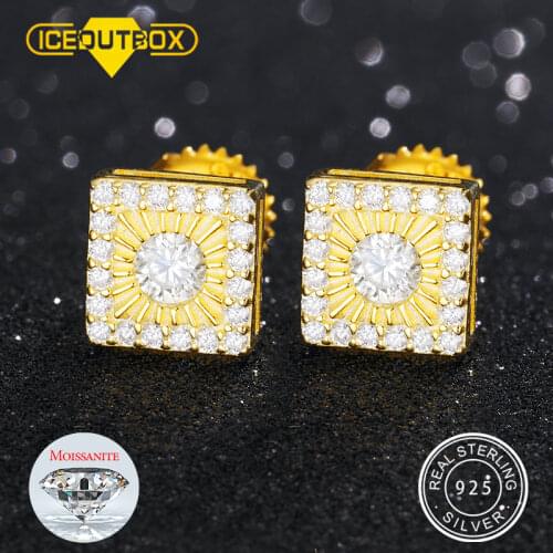 ICEOUTBOX 925 Silver Square Stud Earring Real Moissanite Earrings For Women 2021 Top Quality Crystal Trend Fashion Men Jewelry