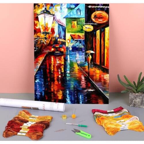 Oil Painting Style Blue Rain Printed Fabric 11CT Cross Stitch Kit Embroidery DMC Threads Painting Needlework Promotions