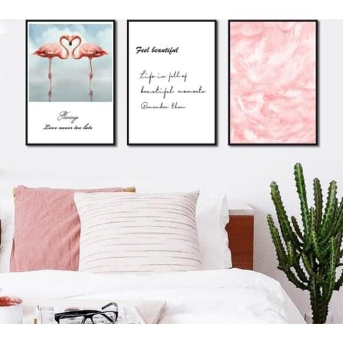 Letter Painting Nordic Posters Style Kissing The Flamingo and Pink Feather Canvas Painting and Prints Pictures for Home Decor