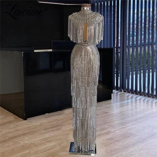 Lowime Silver Crystal Tassel Evening Dresses 2021 Couture Robe De Soirée De Mariage Celebrity Party Gowns Dubai Prom Dresses