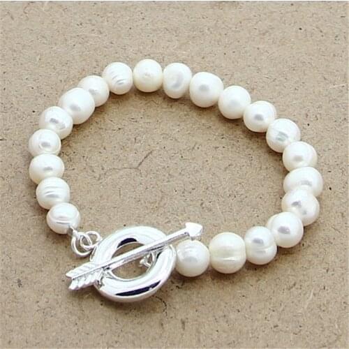 Trendy Style 925 Sterling Silver 8-9mm Natural Pearl Bracelets 20cm for Women Girl Pearl Jewelry