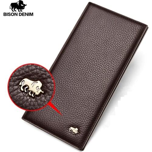 BISON DENIM Cowskin Long Purse For Men Wallet Business Mens Thin Soft Genuine Leather Wallet Card Holder Coin Purse N4470&N4391