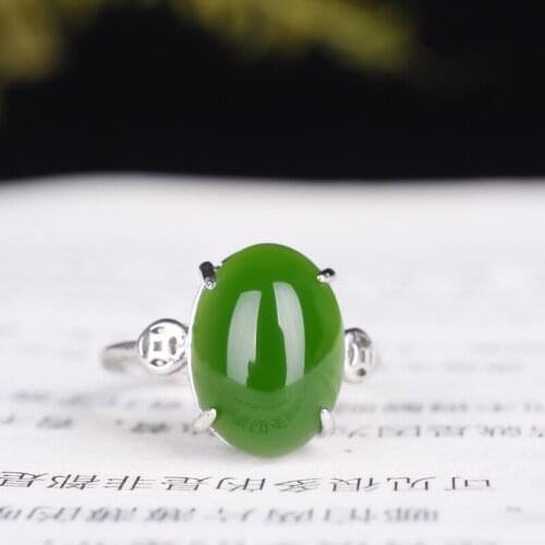 Natural Green Hetian Jade 925 Silver MONEY Ring Chinese Jadeite Amulet Fashion Charm Jewelry Hand Carved Crafts Gifts