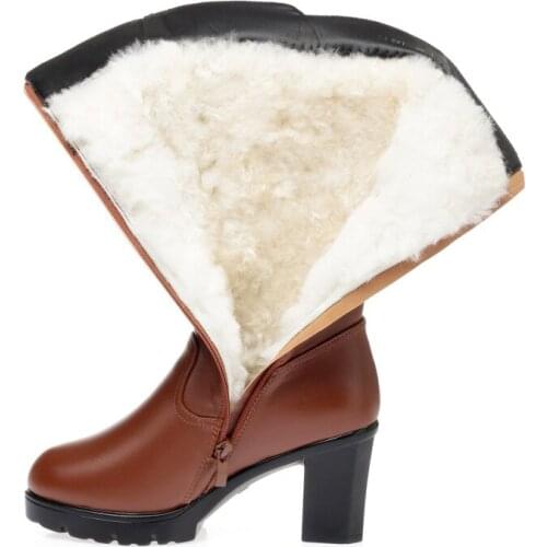 New fashion Rhinestone Genuine Leather Boots Women Shoes Warm Winter Boots High Heels Inside Plush Wool Boots Warm Snow Boots