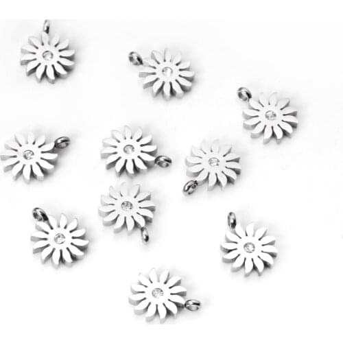ASON 10pcs/Lot Flower Charm For Jewelry Making Bijoux Inoxydable Silver Color Plant CZ Pendant For Necklace Bracelet Accessories