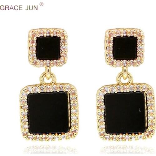 GRACE JUN High Quality Black Acrylic CZ Clip on Earrings No Pierced Popular Student Earrings Needn't Ear Hole Earrings Hot Sale