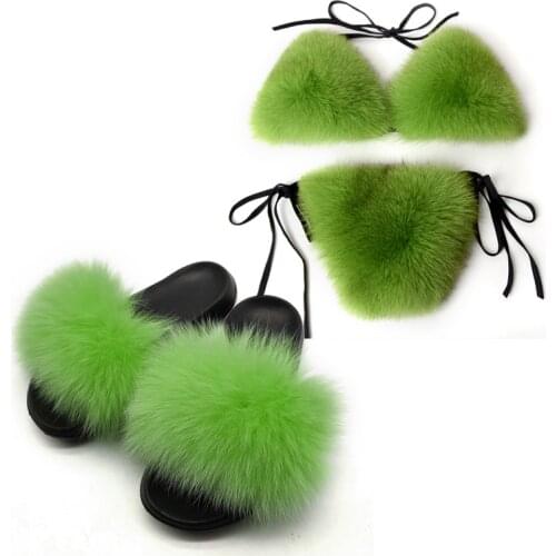 Women Real Fox Fur Slides Outside Sexy Furry Bras Adjustable Plush Fox Hair Underpants Female Fluffy Underwear Set Home Slippers