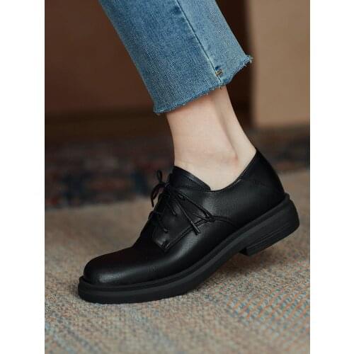 EshtonShero New Women Loafers Buckle Flats Low Heels Pumps Summer Pumps Retro Black Retro Cow Leather Round Toe Shoes Woman