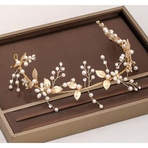 Gorgeous Bridal Headdress Head Flower Pearl Crystal Leaf Headband Bridal Hair Accessories Ladies Hand-Woven Headband Gifts