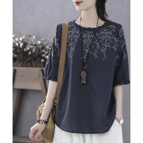 Vintage Clothes Women Plus Size Tops Summer Short Sleeve Blouse Tunic Cotton Print White Shirt Short Sleeve Casual Tees Ladies