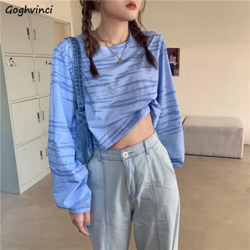 Women T-shirts Loose 2020 New Autumn Long Sleeve Tie-dye O-Neck Chic Korean Style Womens All-match Feminino Crop Top Ins Fashion