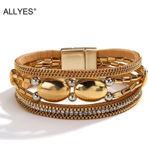 ALLYES Luxury Gold Color Metal Leather Bracelets for Women Fashion Multilayer Beads Chain Wrap Bracelet Female Jewelry