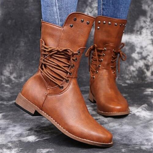 Womens Boots Retro Rive Mid-Calf Boots Women Round Toe Punk Gothic Autumn Winter Boots Women Solid Designer Shoes Women