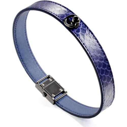 Blue Snake Genuine Leather Gun Metal Black Button Buckle Choker Necklaces Neck Collar 41CM