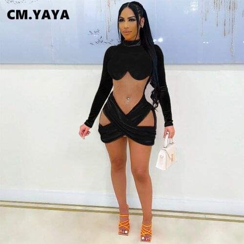 CM.YAYA Women Mini Dress Solid Mesh Patchwork Stretchy Bodycon Dresses Sexy Night Club Party Vestidos Autumn Outfits 2021