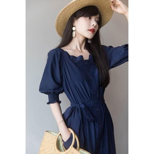 2021 summer new French retro temperament gentle dress with bubble sleeves Hepburn wind long chiffon dress
